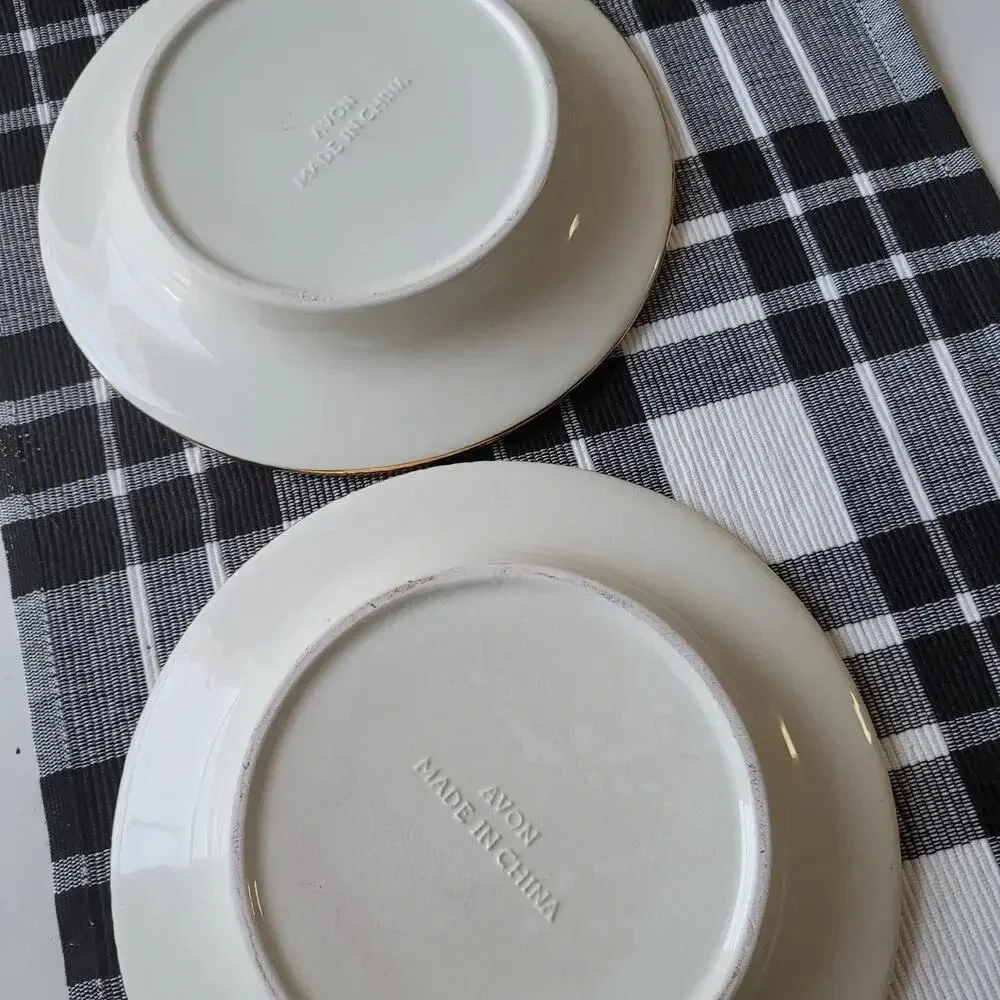 Vintage Avon Frosted Fruit Plate Set Dish Ivory Embossed Gold Trim Food Candle